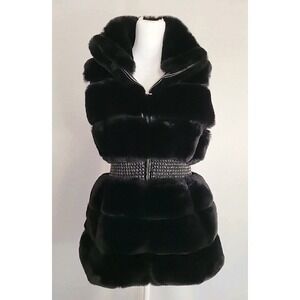 Link Milano Women's L Black Faux Fur Cinched Waist Vest Chic Cozy Warm Apres Ski